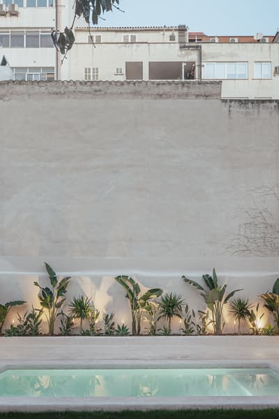 Architectural project - light grey, city garden, low maintenance, lush plants, private outdoor, tropical plants, modernist touch, urban courtyard, residential courtyard, ambient lighting, privacy wall, white wall, open courtyard, minimalist landscaping, banana plants, urban jungle, serene vibe, soft lighting, outdoor living, sustainable design, pastel colors, eco design, neutral tones, urban oasis, calming space, simple elegance, plaster wall, tranquil vibe, natural wall, sleek design, urban escape, outdoor retreat, modern exterior, outdoor relaxation