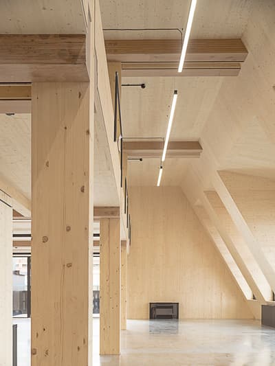 Architectural project - open ceiling, bright light, refined simplicity, natural materials, eco-friendly design, sustainable materials, wood, timber, warm tones, natural tones, innovative design, contemporary style, structural timber, exposed beams, daylight, beige, light wood, natural wood, engineered wood, modern design, wooden beams, timber construction, neutral palette, wood panels, passive house, clean lines, timber cladding, cozy vibe, modern architecture, Nordic style, energy efficient, warm ambiance, timber interior, open plan, inviting space, spacious interior, Scandinavian design, minimalist space, airy atmosphere, high ceiling, wood interior