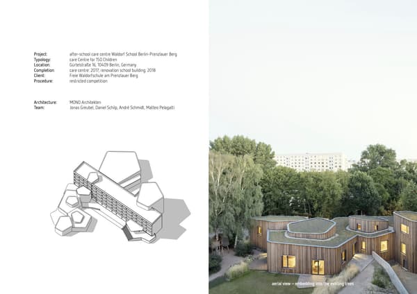 Architectural project - natural materials, sustainable materials, wood, timber, grey, sustainable design, natural tones, sustainable architecture, green, modern construction, beige, timber facade, modern design, community center, modular structure, natural landscape, green architecture, circular design, biophilic design, modern facade, landscape integration, harmonious design, wood texture, forest setting, eco-friendly building, nature integration, wooden facade, timber exterior, educational space, low carbon building, educational building, after-school center, Berlin architecture, aerial view, hexagonal roof, innovative architecture, contemporary school, architectural integration, lush surroundings, low impact design, contextual architecture, site-specific design, creative layout, unique design, environmental harmony, circular architecture