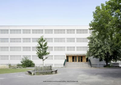 Architectural project - grey, metal, outdoor space, natural light, glass, green, neutral tones, daylight, urban environment, concrete, structural design, exterior design, functional design, flat roof, minimalist design, white facade, large windows, white, outdoor view, exterior view, contemporary facade, school facade, school building, educational building, modern education, facade renovation, school renovation, simple architecture, grid facade, urban school, city school, modernist influence, renovated facade, light facade, green landscaping, public building, education facility, concrete elements, functional facade, open access, eco renovation, sustainable renovation, modern education design, horizontal design, facade rhythm, facade symmetry, linear facade, building symmetry