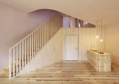 Architectural project - warm interior, intimate space, natural materials, sustainable materials, natural light, sustainable design, warm tones, eco design, neutral tones, multi-use space, light wood, natural wood, functional design, simple design, Scandinavian style, wooden floor, neutral palette, contemporary interior, relaxed atmosphere, timber walls, modern minimalism, clean lines, wood cladding, Nordic design, eco friendly home, cozy vibe, energy efficient, timber interior, open plan, inviting space, cozy corner, warm light, minimalist kitchen, bright space, compact kitchen, compact living, small kitchen, airy feel, natural interior, pale wood, pine wood, wooden staircase, wooden balustrade, educational space, learning space, group room, pendant light, biophilic elements, interior staircase, playful space, group space, educational setting, smooth surfaces, wood textures, blond wood, pastel hues, soft ambience, low energy use