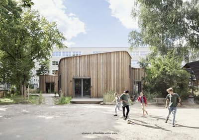 Architectural project - minimal design, wood, timber, passive design, sustainable design, glass, warm tones, sustainable construction, community space, outdoor area, contemporary style, timber structure, neutral tones, wood facade, timber facade, light wood, eco friendly, natural setting, honey wood, eco materials, green architecture, biophilic design, natural ventilation, child friendly, exterior view, nature integration, wooden cladding, foliage, educational space, school building, educational building, public building, green space, outdoor learning, inviting environment, learning center, vertical panels, outdoor play, playground, schoolyard, natural surroundings, daylight use, modern school, simple form, organic layout, urban green, trees