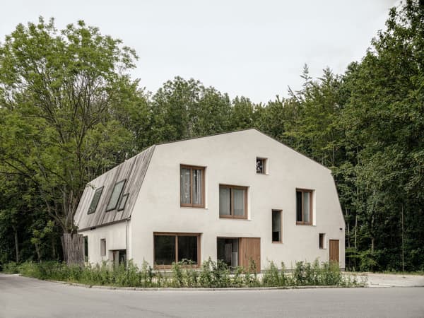 Architectural project - skylights, timber windows, quiet home, plaster facade, natural materials, wood, timber, sustainable design, warm tones, natural tones, beige, exterior design, minimalist facade, light wood, contemporary design, neutral palette, eco-friendly materials, green architecture, low carbon, biophilic design, sustainable home, passive house, natural ventilation, modern facade, landscape integration, modern minimalism, large windows, energy efficient design, plaster, green living, earthy tones, sloped roof, woodland setting, nature integration, forest house, eco house, residential building, modern home, suburban home, innovative architecture, eco conscious design