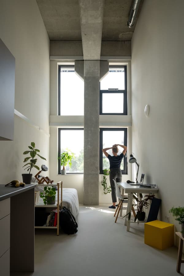 Architectural project - modern apartment, exposed concrete, gray, loft style, concrete ceiling, cozy workspace, minimalist furniture, light filled room, office chair, compact room, relaxed environment, city apartment, natural light, glass, space-saving design, green, neutral tones, daylight, concrete, light wood, industrial style, multifunctional space, eco friendly, contemporary design, white walls, white, small space, cozy atmosphere, greenery, Scandinavian design, home office, study area, simple decor, sustainable living, work desk, minimalist interior, indoor plants, urban living, urban vibe, bright room, practical layout