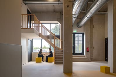 Architectural project - modern industrial, utilitarian style, steel staircase, industrial interior, exposed ductwork, collaborative environment, contemporary office, airy interior, minimalist furniture, concrete walls, structural expression, loft vibe, monochrome palette, warehouse feel, concrete columns, black accents, urban workspace, meeting area, steel, metal, natural light, sustainable design, green building, innovative design, grey, neutral tones, daylight, beige, concrete, functional design, minimalist design, black, casual seating, social space, adaptive reuse, urban design, eco-friendly materials, industrial chic, creative space, large windows, concrete floor, open space, double height