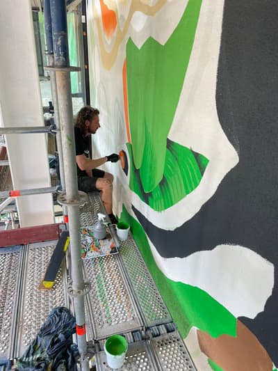 Architectural project - urban art, public art, art installation, design details, artistic wall, vibrant, art space, studio space, artistic expression, scaffolding, work in progress, modern design, vibrant colors, creative space, abstract design, modern interior, wall art