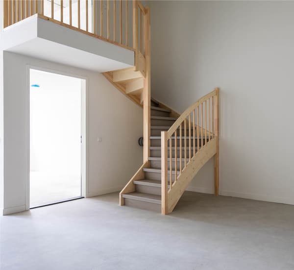 Architectural project - raw finishes, modern staircase, simple aesthetic, elegant simplicity, minimalist staircase, natural materials, wood, timber, natural light, sustainable design, eco design, neutral tones, beige, light wood, functional design, compact space, simple design, honey wood, Scandinavian style, neutral palette, minimalist design, eco-friendly materials, light tones, contemporary home, clean lines, white walls, white, open layout, open plan, inviting space, residential design, wooden elements, bright interior, modern home, nordic influence, airy atmosphere, timber railing, wooden staircase, smooth surfaces, hallway, understated elegance, interior architecture, entryway
