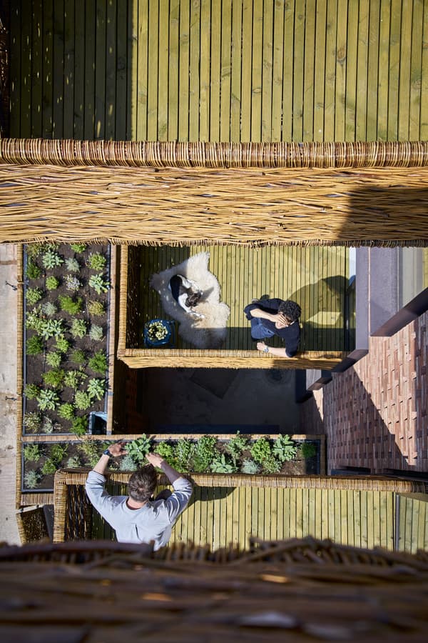 Architectural project - natural materials, eco-friendly design, timber, outdoor space, natural light, warm tones, green, daylight, beige, brown, natural textures, organic design, eco materials, relaxed atmosphere, exterior, outdoor seating, earth tones, biophilic design, garden design, brick, nature connection, relaxing space, cozy corner, fresh air, outdoor retreat, green materials, urban garden, sustainable living, architectural feature, brick texture, woven terrace, outdoor terrace, green terrace, eco terrace, sustainable terrace, woven flooring, woven walls, urban gardening, informal seating, wicker style, wicker texture, basketweave pattern, line of sight, vertical garden, plant wall, green wall, outdoor vibes, communal space, socializing area, beige palette, green plants, bamboo touch, rattan influence, modern outdoor, breathable spaces, environment friendly, backyard vibes, clay bricks, plant-filled space, wicker