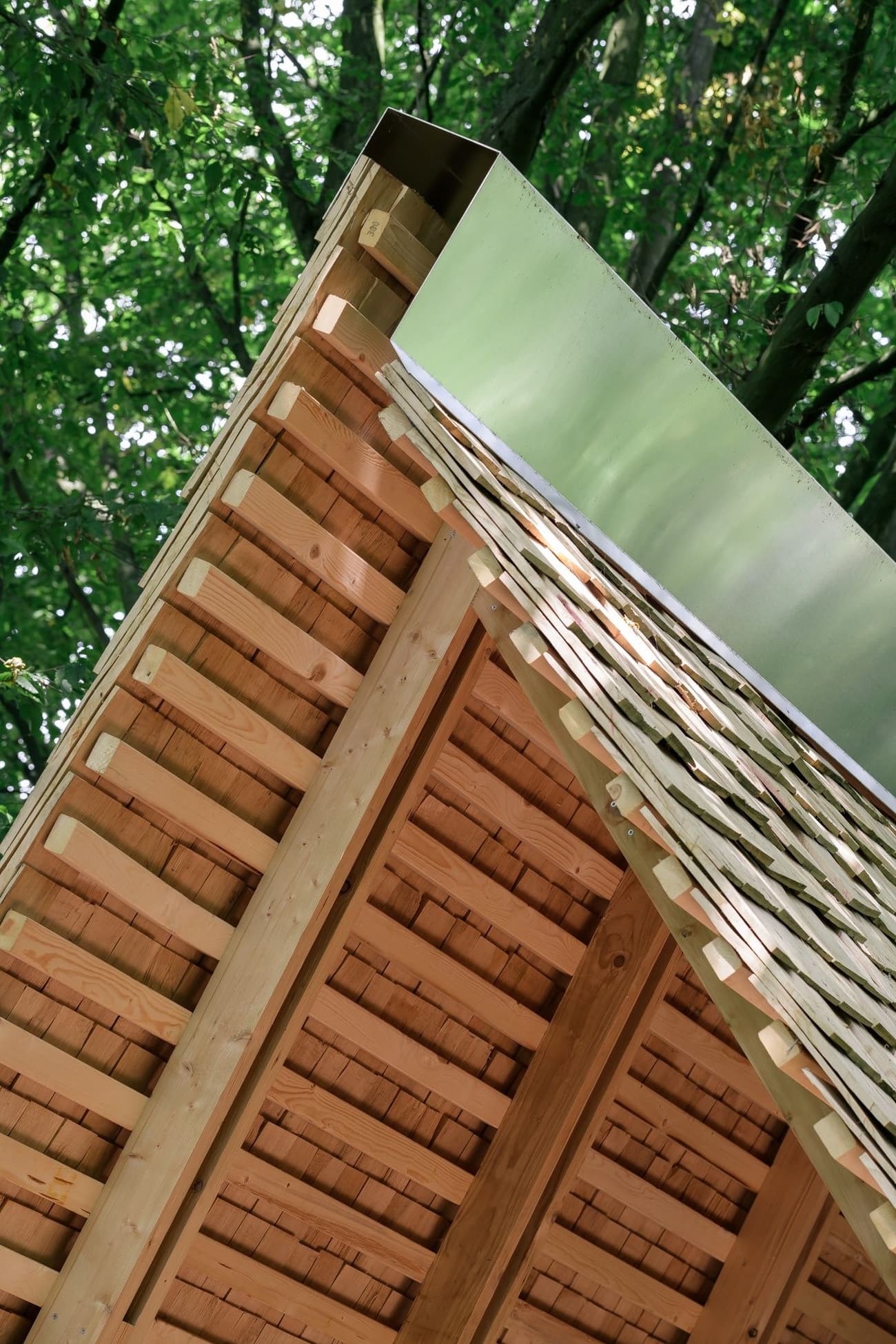 Architectural project - natural materials, architectural detail, wood, timber, outdoor space, warm tones, eco design, neutral tones, beige, brown, light wood, natural wood, rustic roof, rustic vibe, wood beams, minimalist design, pavilion, sustainable building, green architecture, biophilic design, timber roof, timber cladding, eco friendly home, wooden shingles, sloped roof, pitched roof, rustic design, nature-inspired, wooden roof, exposed rafters, roof structure, woodland setting, natural texture, tree canopy, organic architecture, forest setting, shelter, small structure, simple construction, environmental design, textured finish