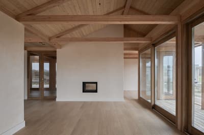 Architectural project - contemporary cabin, airy interior, minimal style, restful space, calm environment, timber home, simple interior, wood, timber, natural light, glass, warm tones, eco design, neutral tones, exposed beams, daylight, beige, brown, light wood, eco friendly, honey wood, wood beams, private retreat, serene atmosphere, Scandinavian style, timber floor, neutral palette, minimalist design, glass doors, wood floor, biophilic design, sustainable home, passive house, clean lines, large windows, indoor outdoor, architectural simplicity, Nordic design, cozy vibe, energy efficient, plaster, timber ceiling, wood cabin, open layout, open plan, inviting space, wood texture, nature-inspired, textured walls, wooden retreat, bright space, sliding doors, plaster walls, floor to ceiling, modern cabin, indoor outdoor flow, modern retreat