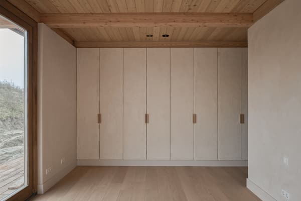 Architectural project - beige walls, warm minimalism, natural materials, eco-friendly design, wood, timber, natural light, warm tones, daylight, beige, light wood, functional design, compact space, natural textures, calming interior, Scandinavian style, neutral palette, serene space, simple space, sustainable home, clean lines, Nordic design, plaster, timber ceiling, plaster walls, home design, wood ceiling, built-in storage, Japandi, minimalist interior, residential interior, bright room