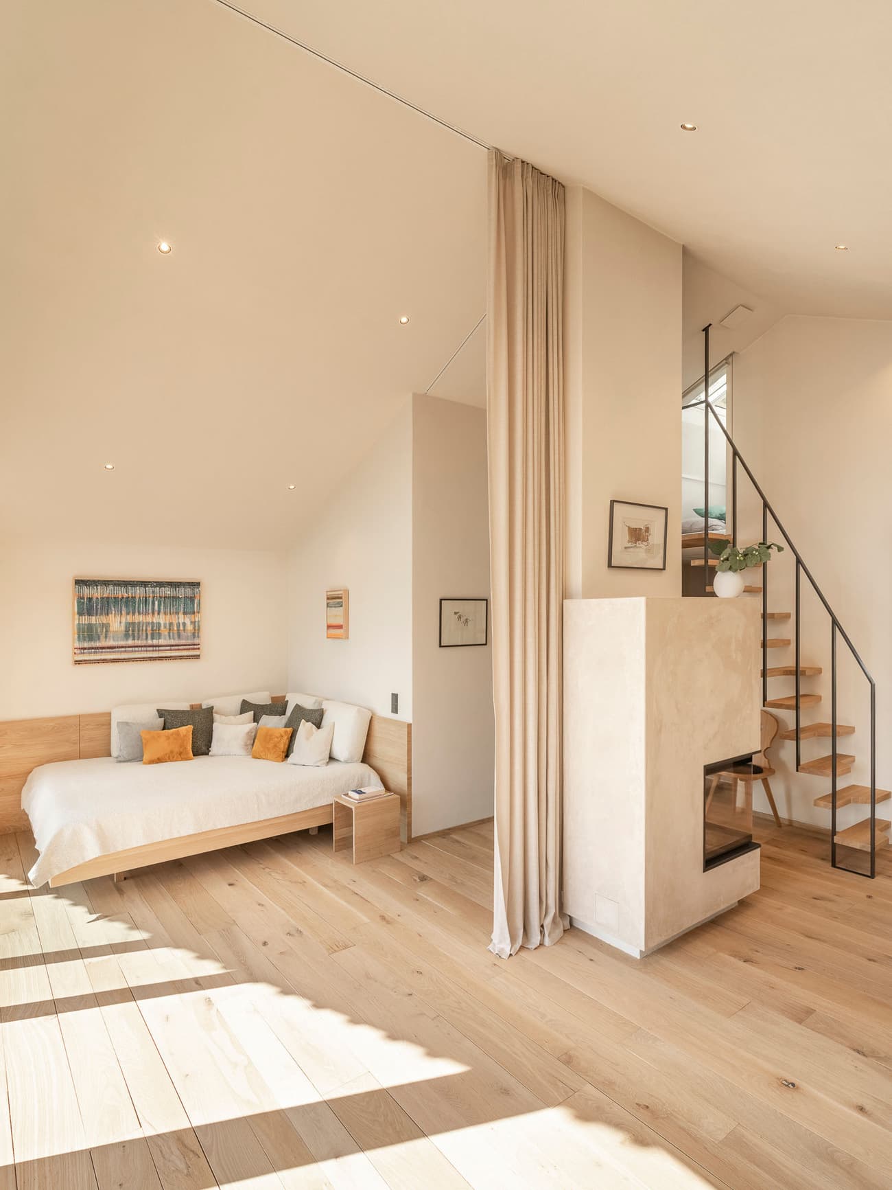 Architectural project - refined style, smart design, metal stairs, warm bedroom, floor-to-ceiling curtains, soft furnishings, modern bedroom, light wood floor, floating stairs, tranquil interior, intimate space, serene vibe, eco-friendly design, wood, timber, natural light, passive design, neutral tones, functional space, daylight, beige, light wood, Scandinavian style, timber floor, neutral palette, minimalist design, sustainable home, elegant design, white, Nordic style, energy efficient, beige tones, open layout, relaxing space, wooden flooring, bright interior, calm atmosphere, soft tones, wooden stairs, bedroom retreat, cozy bedroom, Japandi style, minimalist interior, residential interior