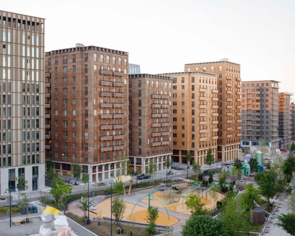 Architectural project - urban greenery, vibrant neighborhood, multi-story building, pedestrian friendly, urban renewal, urban regeneration, brown bricks, terracotta facade, skyline view, public amenities, eco-friendly design, city living, cityscape, sustainable construction, community space, city park, daylight optimization, contemporary design, light brown, public space, natural ventilation, modern architecture, energy efficient, earthy tones, terracotta, brick, brick facade, architectural rhythm, modern urban, integrated landscape, urban living