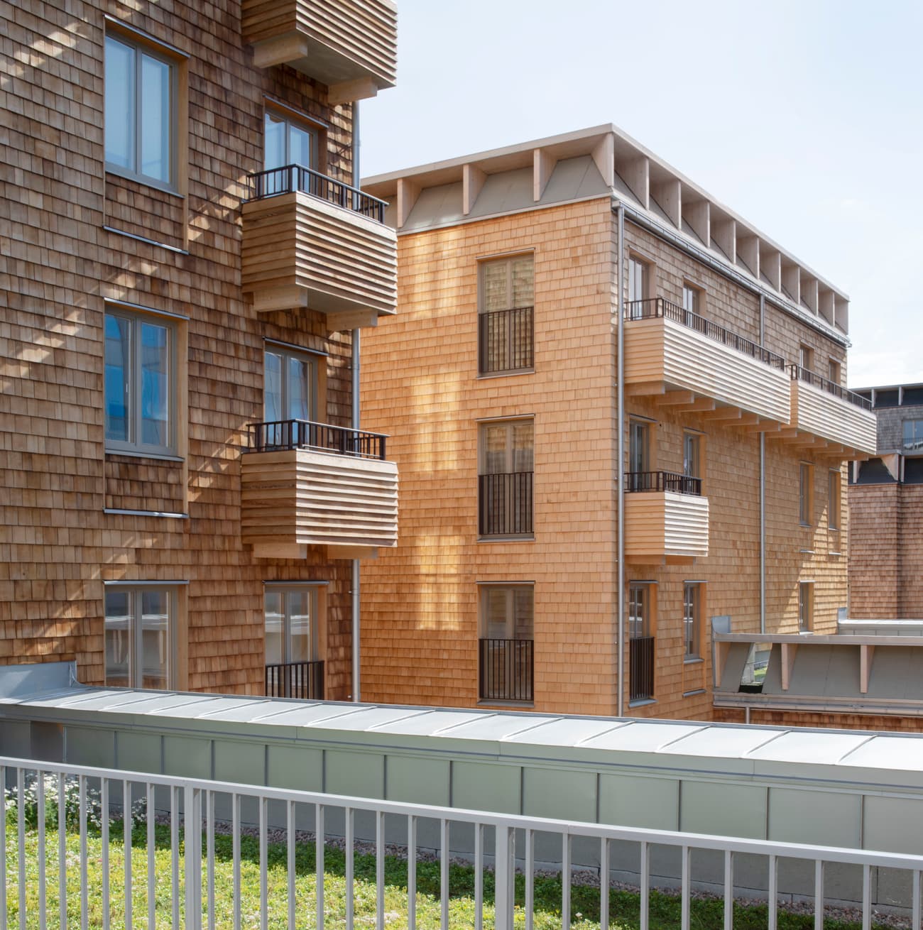 Architectural project - urban greenery, rooftop terrace, contemporary housing, community living, multi-family housing, eco-friendly architecture, wooden balcony, cladding detail, natural materials, timber, outdoor space, passive design, sustainable design, warm tones, beige, wood facade, timber facade, light wood, daylight optimization, honey wood, Scandinavian style, urban design, natural ventilation, landscape integration, energy efficient, cedar shingles, natural aesthetics, greenery, residential building, nordic influence, facade design, low carbon building, urban context, architectural harmony, texture contrast, urban housing, modern residential