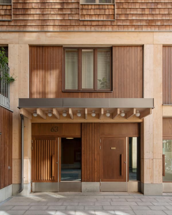 Architectural project - apartment facade, refined design, brown facade, timber canopy, minimal design, natural materials, architectural detail, city living, passive design, warm tones, eco design, city building, wood facade, timber facade, light wood, natural wood, honey wood, natural textures, sustainable building, large windows, timber cladding, architectural simplicity, modern architecture, energy efficient, inviting entrance, beige tones, glass windows, cozy exterior, wooden panels, wooden cladding, residential building, shingle facade, contemporary facade, modern exterior, vertical panels, residential facade, urban facade, urban housing