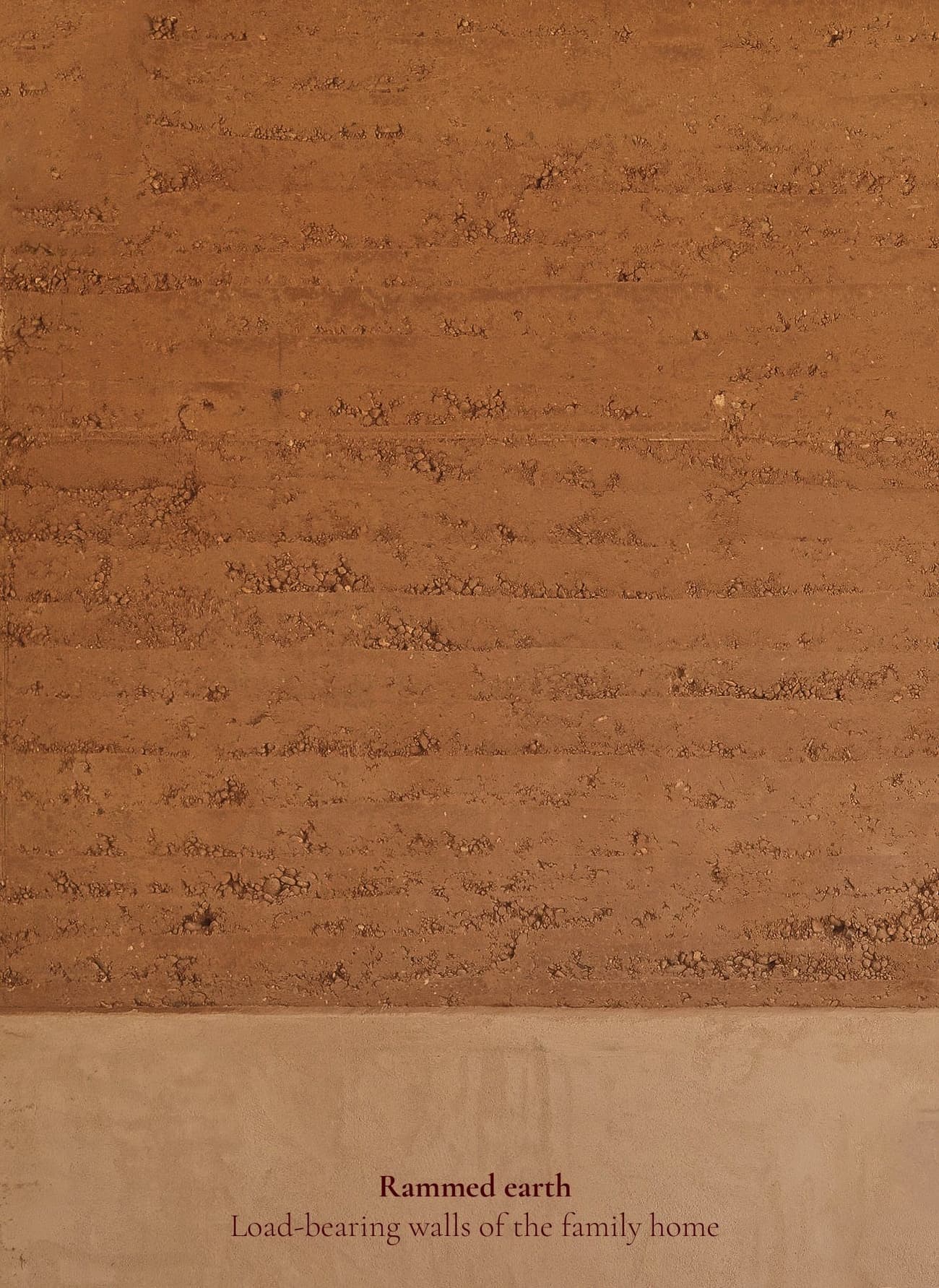 Architectural project - earthy aesthetic, earth wall, organic feel, clay texture, adobe wall, mud wall, mud texture, minimal design, natural materials, passive design, sustainable design, warm tones, eco design, neutral tones, beige, brown, rustic modern, natural finish, eco construction, natural building, circular construction, rammed earth, green architecture, raw texture, earthy texture, thermal mass, textured surface, energy efficient, earthy tones, organic materials, rustic wall, sustainable material, family home, natural insulation, clay wall