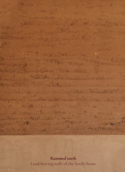 Architectural project - earthy aesthetic, earth wall, organic feel, clay texture, adobe wall, mud wall, mud texture, minimal design, natural materials, passive design, sustainable design, warm tones, eco design, neutral tones, beige, brown, rustic modern, natural finish, eco construction, natural building, circular construction, rammed earth, green architecture, raw texture, earthy texture, thermal mass, textured surface, energy efficient, earthy tones, organic materials, rustic wall, sustainable material, family home, natural insulation, clay wall