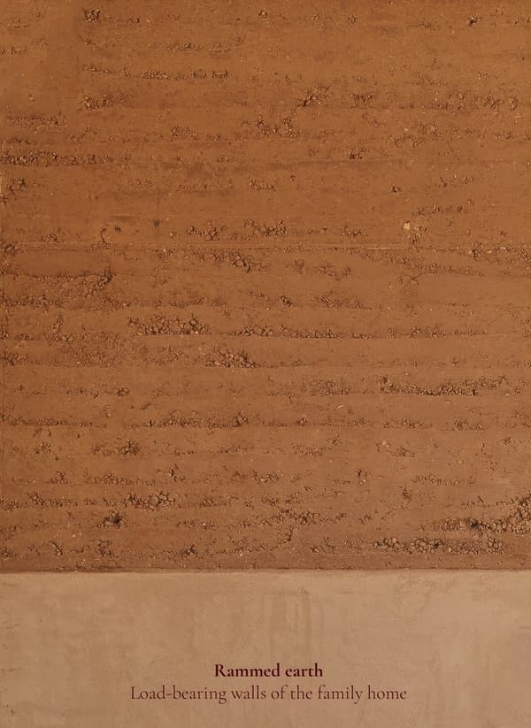 Architectural project - earthy aesthetic, earth wall, organic feel, clay texture, adobe wall, mud wall, mud texture, minimal design, natural materials, passive design, sustainable design, warm tones, eco design, neutral tones, beige, brown, rustic modern, natural finish, eco construction, natural building, circular construction, rammed earth, green architecture, raw texture, earthy texture, thermal mass, textured surface, energy efficient, earthy tones, organic materials, rustic wall, sustainable material, family home, natural insulation, clay wall