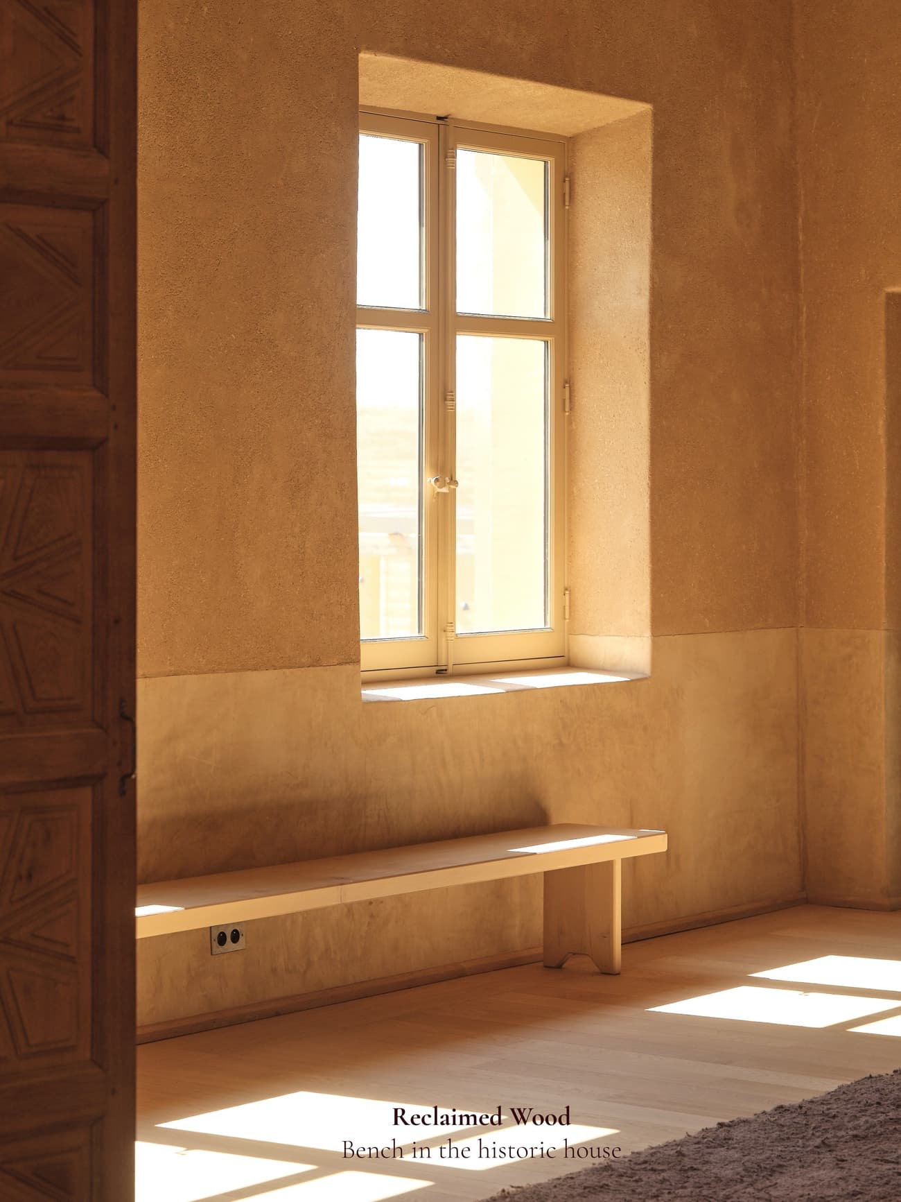 Architectural project - peaceful environment, bench seating, timeless style, reclaimed wood, historical charm, understated design, vintage interior, architectural character, classic design, historic house, traditional vibe, original features, indoor space, natural materials, wooden bench, sustainable materials, natural light, warm tones, eco design, sunlight, neutral colors, relaxed atmosphere, simple elegance, wood detailing, beige tones, warm ambiance, rustic style, inviting space, minimalist decor, plaster finish, cozy corner, heritage building, textured walls, serene setting, wooden elements, bright interior, plaster walls, earthy textures, soft light, calming vibe, classic look