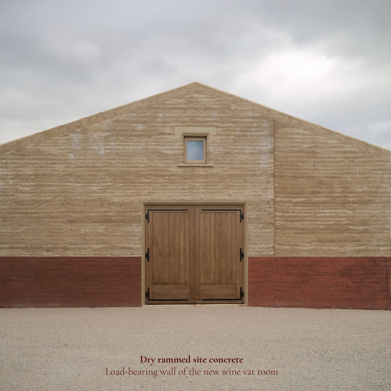Architectural project - rural landscape, subtle colors, refined simplicity, simple geometry, agricultural design, rustic building, wine vat room, bearing wall, symmetric design, clay red, architectural symmetry, pragmatic architecture, restrained design, quiet elegance, local materials, environmental integration, natural materials, eco-friendly design, warm tones, sustainable construction, beige, brown, minimalist facade, functional design, rural architecture, vernacular architecture, neutral palette, soft textures, natural finish, eco construction, rammed earth wall, modern rustic, harmonious design, earthy tones, countryside building, barn style, outdoor architecture, earthy facade, rural charm, textured facade, site-specific design, farm style, minimalism, timber door, wooden door