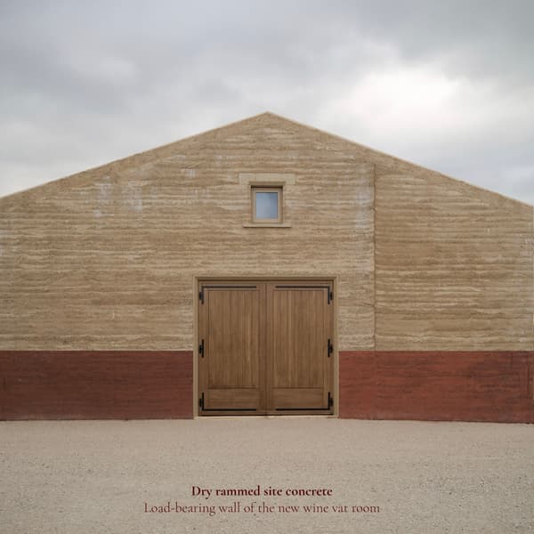 Architectural project - rural landscape, subtle colors, refined simplicity, simple geometry, agricultural design, rustic building, wine vat room, bearing wall, symmetric design, clay red, architectural symmetry, pragmatic architecture, restrained design, quiet elegance, local materials, environmental integration, natural materials, eco-friendly design, warm tones, sustainable construction, beige, brown, minimalist facade, functional design, rural architecture, vernacular architecture, neutral palette, soft textures, natural finish, eco construction, rammed earth wall, modern rustic, harmonious design, earthy tones, countryside building, barn style, outdoor architecture, earthy facade, rural charm, textured facade, site-specific design, farm style, minimalism, timber door, wooden door