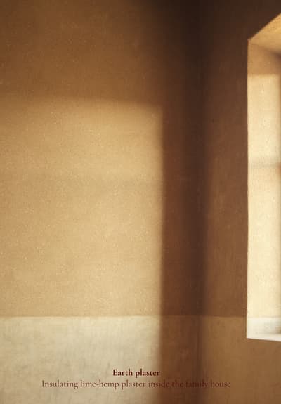 Architectural project - rustic interior, interior detail, earth plaster, lime plaster, hemp plaster, insulating plaster, minimalist wall, simple wall, texture finish, lime hemp mix, lime hemp, cozy interior, warm interior, natural light, sustainable design, warm tones, renewable materials, neutral tones, low carbon design, sunlight, rustic vibe, minimalist design, eco construction, natural material, passive house, eco friendly home, textured wall, plaster wall, earthy tones, warm atmosphere, natural texture, environmental design, plaster finish, eco material, sustainable material, beige wall, wall texture, eco renovation, natural insulation, soft light