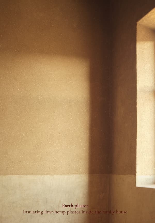 Architectural project - rustic interior, interior detail, earth plaster, lime plaster, hemp plaster, insulating plaster, minimalist wall, simple wall, texture finish, lime hemp mix, lime hemp, cozy interior, warm interior, natural light, sustainable design, warm tones, renewable materials, neutral tones, low carbon design, sunlight, rustic vibe, minimalist design, eco construction, natural material, passive house, eco friendly home, textured wall, plaster wall, earthy tones, warm atmosphere, natural texture, environmental design, plaster finish, eco material, sustainable material, beige wall, wall texture, eco renovation, natural insulation, soft light