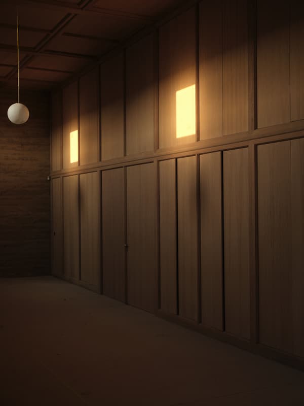 Architectural project - muted colors, calm interior, serene ambiance, quiet space, light fixture, subtle lighting, architect’s touch, zen atmosphere, warm interior, natural materials, soft lighting, tranquil space, eco-friendly design, wood, timber, raw materials, sustainable design, warm tones, neutral tones, beige, brown, light wood, modern design, simple design, honey wood, Scandinavian style, minimalist design, timber panels, timber walls, timber cladding, wood cladding, harmonious design, Nordic style, cozy atmosphere, peaceful vibe, wooden panels, understated elegance, contemporary space, pendant lamp, wooden walls
