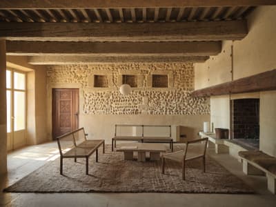 Architectural project - ambient light, heritage design, fireplace, homely atmosphere, minimalist furniture, classic design, cozy living area, warm space, vintage furniture, mid-century touch, brick fireplace, sitting room, natural materials, soft lighting, wood, timber, raw materials, warm tones, neutral tones, exposed beams, beige, brown, light wood, wooden beams, farmhouse style, natural textures, rustic charm, casual seating, relaxed atmosphere, textured wall, stone, plaster, timber ceiling, rustic style, comfortable home, inviting space, earthy tones, traditional architecture, traditional design, Mediterranean style, terracotta, stone wall, residential space, family home, lounge area, simple decor, hearth, cozy vibes, wood ceiling, warm lighting, rustic living room, woven rug