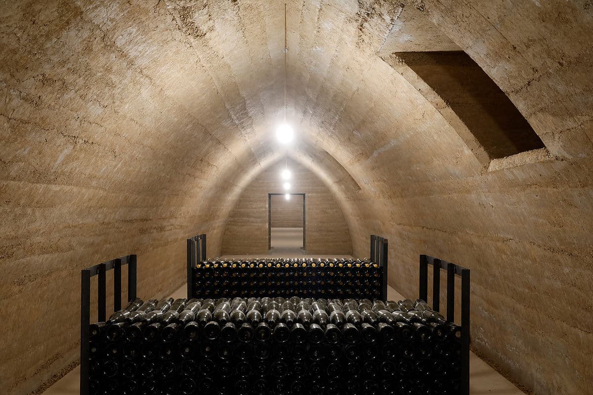 Architectural project - exposed concrete, ambient light, rustic elegance, concrete texture, ceiling light, concrete walls, wine cellar, underground cellar, wine storage, rustic cellar, arched ceiling, curved ceiling, bottle racks, wine racks, storage space, efficient storage, basement design, subterranean space, enclosed space, cellar vibe, dim lighting, quiet space, wine collection, cellar storage, secluded space, hideaway, natural materials, raw materials, sustainable design, warm tones, eco design, neutral tones, industrial vibe, beige, brown, concrete, low carbon design, functional design, intimate setting, atmospheric lighting, industrial touch, neutral palette, simple elegance, cozy vibe, plaster, rough texture, compact design, earthy tones, warm atmosphere, minimalist space, plaster walls, vaulted ceiling, practical layout