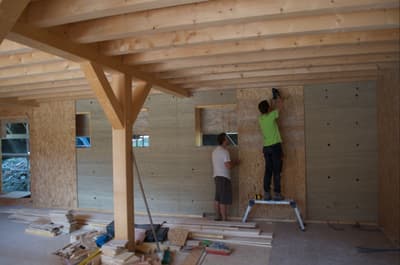 Architectural project - DIY project, green construction, OSB, renovation project, unfinished space, indoor space, natural materials, interior view, wood, timber, raw materials, timber frame, natural tones, construction phase, construction site, work in progress, exposed beams, modern construction, functional space, plywood, beige, architectural elements, light wood, farmhouse style, timber construction, simple design, rustic vibe, wood beams, light brown, eco materials, wood construction, building process, plywood panels, sustainable building, construction detail, structural beams, ecological design, timber cladding, energy efficient, wooden interior, compact design, timber interior, earthy tones, wooden walls