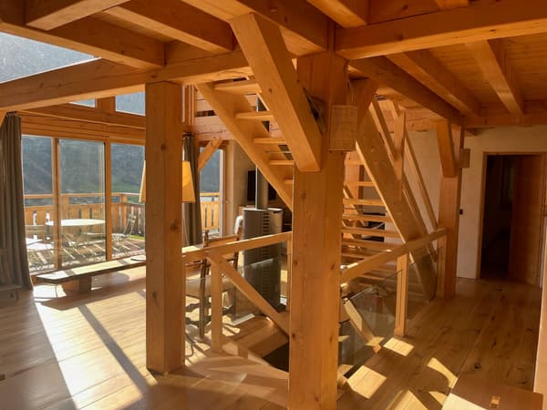 Architectural project - cozy living, glazed windows, modern countryside, serene vibe, natural materials, wood, timber, raw materials, natural light, sustainable design, glass, warm tones, timber structure, structural timber, exposed beams, daylight, beige, brown, light wood, eco friendly, wooden beams, sunlight, honey wood, rustic charm, Scandinavian style, timber floor, wooden floor, minimalist design, timber walls, earth tones, large windows, Nordic style, wood walls, wood cabin, timber interior, open layout, open plan, inviting space, warm atmosphere, peaceful retreat, residential space, interior space, wooden staircase, glass facade, living space, wood interior