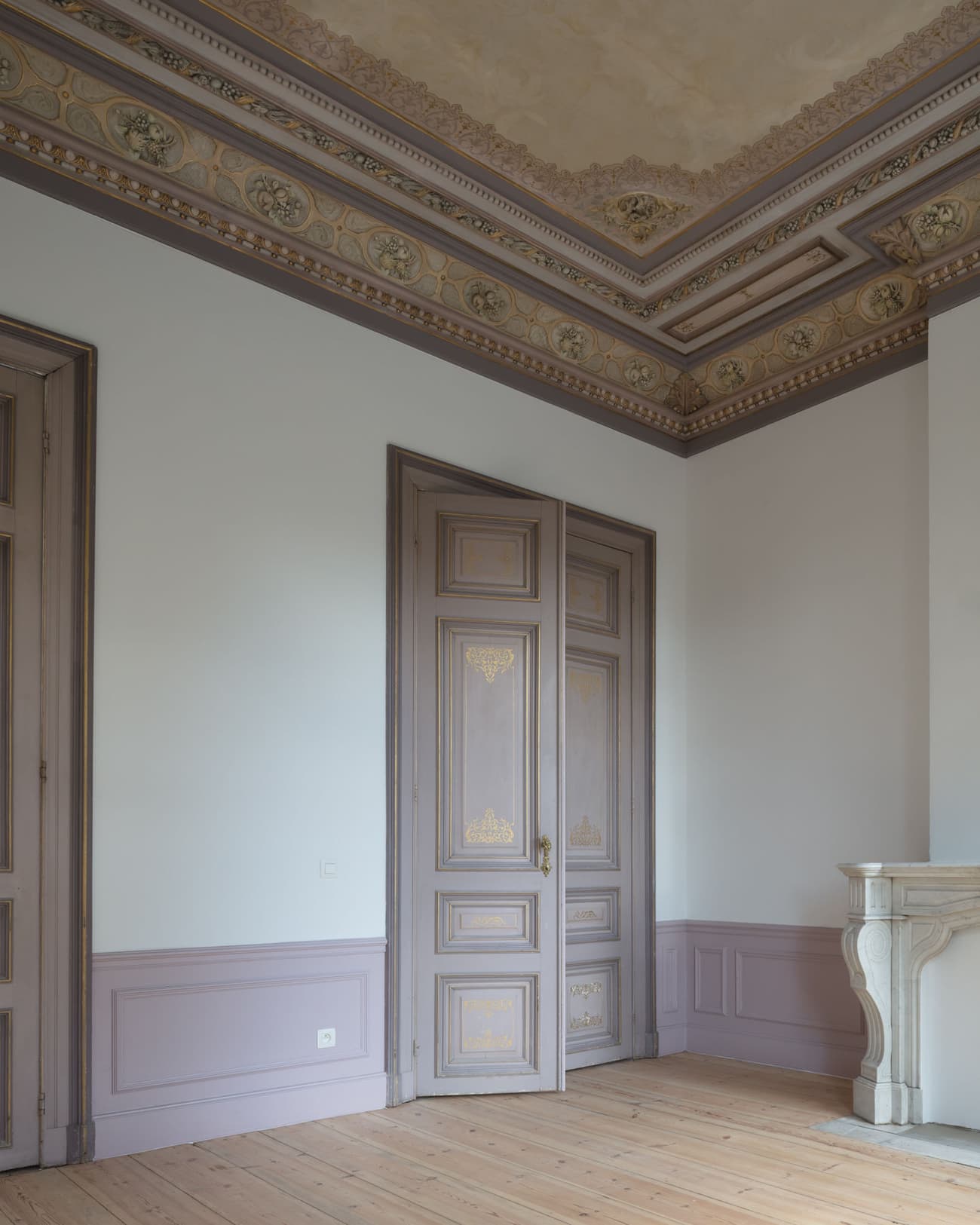 Architectural project - beige walls, heritage design, classical interior, ornate ceiling, detailed mouldings, historic building, elegant room, decorated doors, intricate paneling, vintage design, period architecture, decorative motifs, white trim, light wood floor, chic style, European interior, classic elegance, regal ambiance, stately home, artistic detailing, sophisticated vibe, timeless charm, tall doors, symmetry design, harmonious interior, cultural heritage, architectural beauty, refined taste, exquisite details, historical charm, historic preservation, plaster detailing, pastel purple, beige, serene atmosphere, light brown, wooden floor, neutral palette, light tones, airy space, classic architecture, traditional style, residential space, minimal decor, wood flooring, pastel walls, understated elegance, muted tones