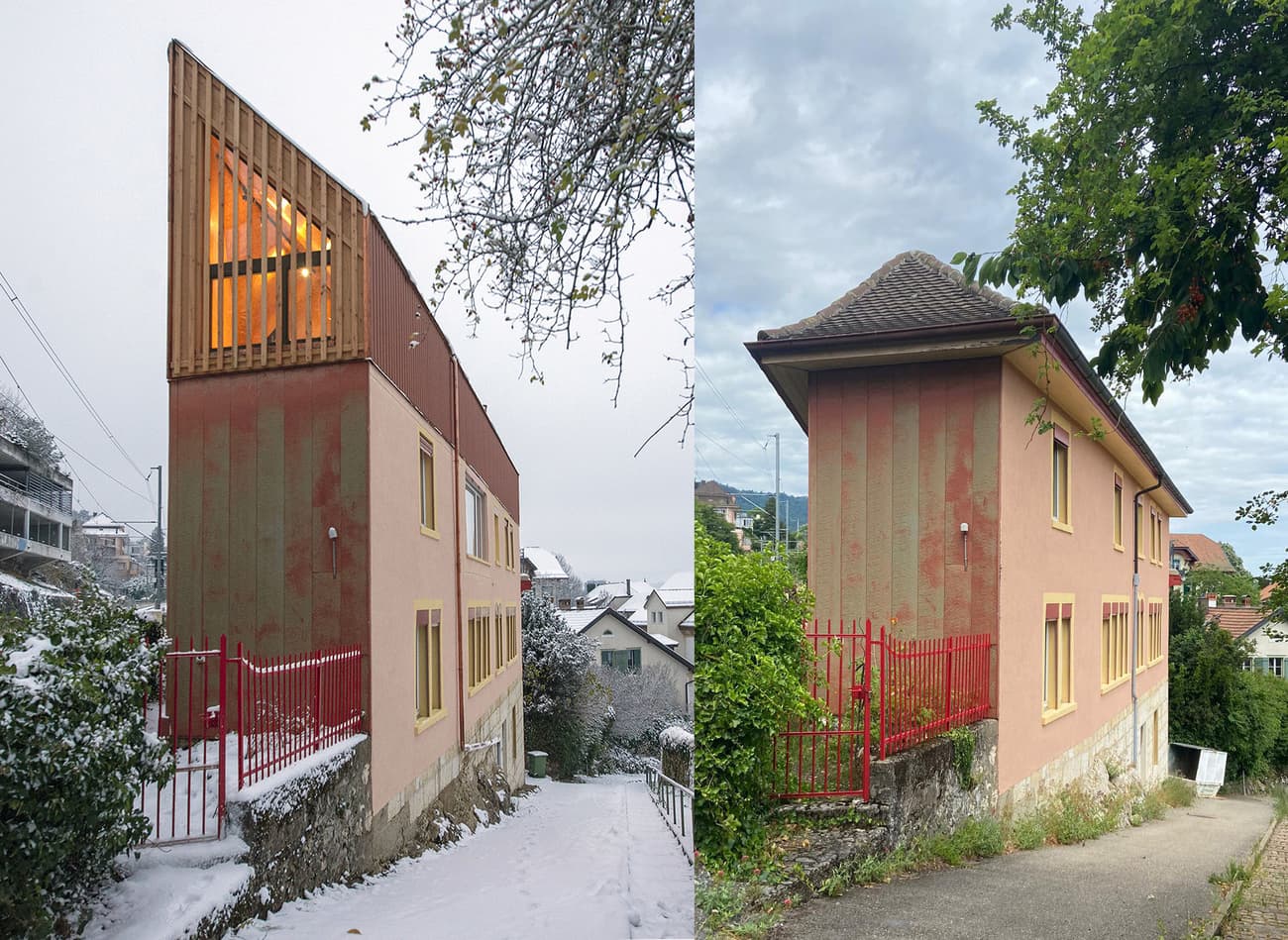 Architectural project - subtle textures, modern adaptation, spatial efficiency, urban house, asymmetrical design, intimate space, pink, wood, timber, urban setting, city living, natural light, privacy screen, warm tones, cold climate, beige, functional design, eco friendly, minimalist design, timber panels, contemporary home, modern facade, timber cladding, energy efficient, earthy tones, pitched roof, residential architecture, private residence, wooden cladding, modern home, wooden accents, vertical slats, sustainable renovation, eco conscious design, modern retrofit, rectangular form, red
