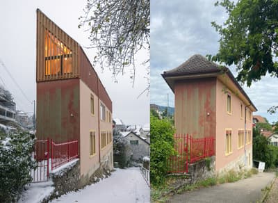 Architectural project - subtle textures, modern adaptation, spatial efficiency, urban house, asymmetrical design, intimate space, pink, wood, timber, urban setting, city living, natural light, privacy screen, warm tones, cold climate, beige, functional design, eco friendly, minimalist design, timber panels, contemporary home, modern facade, timber cladding, energy efficient, earthy tones, pitched roof, residential architecture, private residence, wooden cladding, modern home, wooden accents, vertical slats, sustainable renovation, eco conscious design, modern retrofit, rectangular form, red