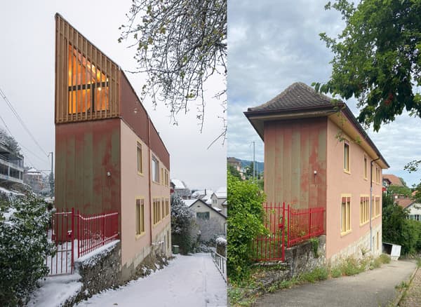 Architectural project - subtle textures, modern adaptation, spatial efficiency, urban house, asymmetrical design, intimate space, pink, wood, timber, urban setting, city living, natural light, privacy screen, warm tones, cold climate, beige, functional design, eco friendly, minimalist design, timber panels, contemporary home, modern facade, timber cladding, energy efficient, earthy tones, pitched roof, residential architecture, private residence, wooden cladding, modern home, wooden accents, vertical slats, sustainable renovation, eco conscious design, modern retrofit, rectangular form, red