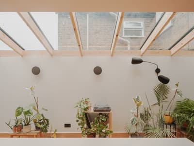 Architectural project - indoor greenery, lush plants, eco interior, indoor garden, glass roof, plant decor, airy room, fresh atmosphere, minimalist, soft lighting, wood, timber, natural light, sustainable design, glass, green, neutral tones, daylight, eco friendly, urban oasis, wooden beams, Scandinavian style, soothing ambiance, biophilic design, clean lines, white walls, light filled, white, harmonious design, wood accents, open plan, nature-inspired, cozy atmosphere, relaxing space, integrated lighting, bright space, nordic influence, home interior, contemporary vibe, airy feel, clutter-free, calm setting, modern interior, skylight, indoor plants, urban retreat