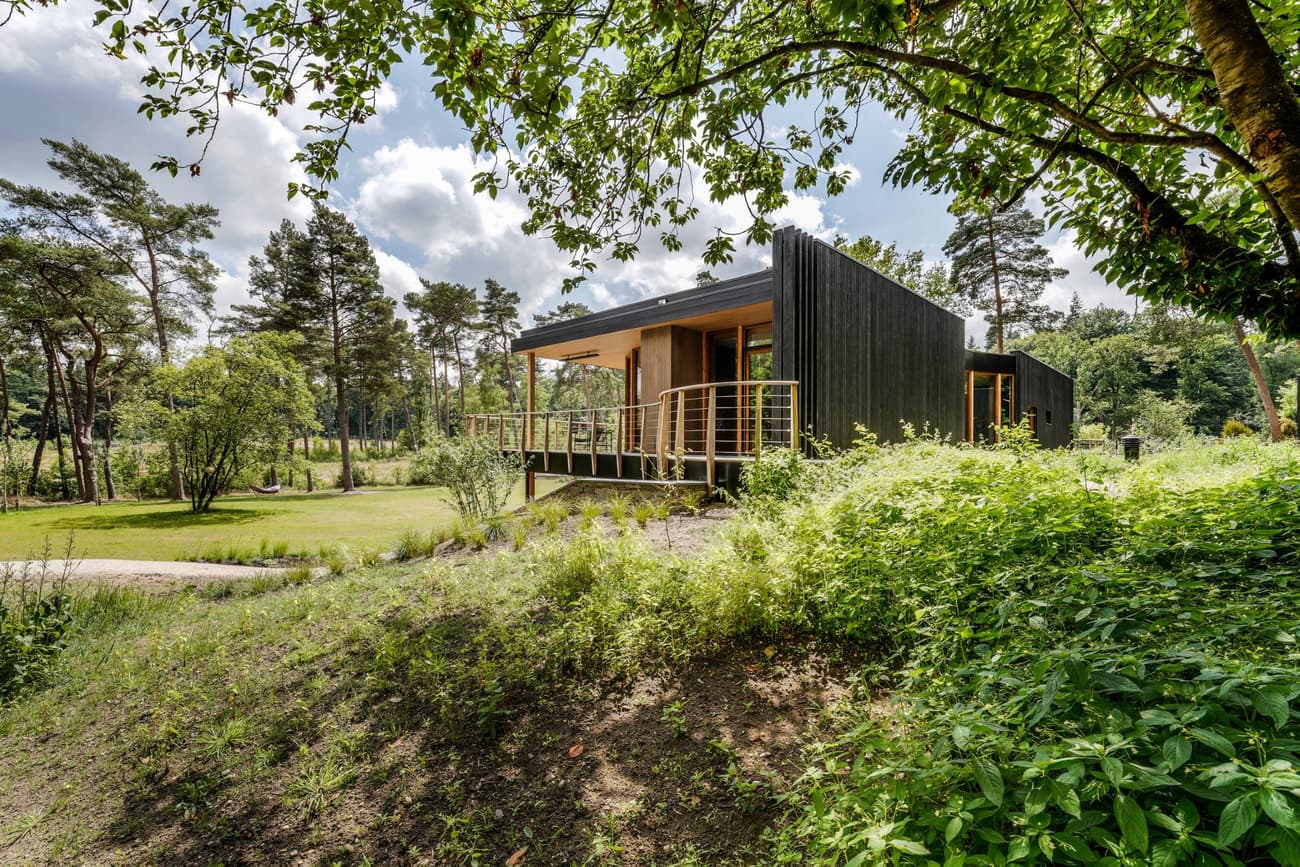 Architectural project - terrace, countryside escape, Scandinavian cabin, deck area, nature cabin, single story, nordic retreat, low carbon home, nature tones, natural materials, wood, timber, outdoor living, eco design, sustainable architecture, green, landscape architecture, timber facade, eco friendly, wood exterior, natural setting, minimalist design, black, biophilic design, passive house, nature view, modular home, rural home, earthy tones, environmental design, forest retreat, forest view, garden view, woodland retreat, eco cabin, green design, wooden retreat, sustainable house, seamless indoor outdoor, sustainable living, modern cabin, black cladding, dark wood