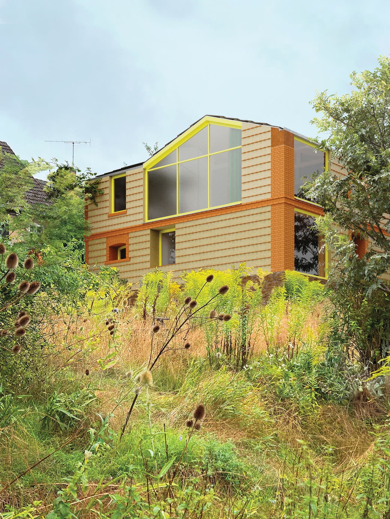 Architectural project - brick wall, green facade, vibrant facade, suburban living, warm facade, yellow accent, urban house, timber, outdoor space, glass, eco design, green, daylight optimization, eco friendly, outdoor, architectural texture, light brown, exterior, low carbon, biophilic design, sustainable home, passive house, natural ventilation, contemporary home, large windows, timber cladding, earthy tones, pitched roof, brick, garden view, residential architecture, gable roof, nature integration, glass windows, textured facade, residential, urban garden, modern house, inviting facade