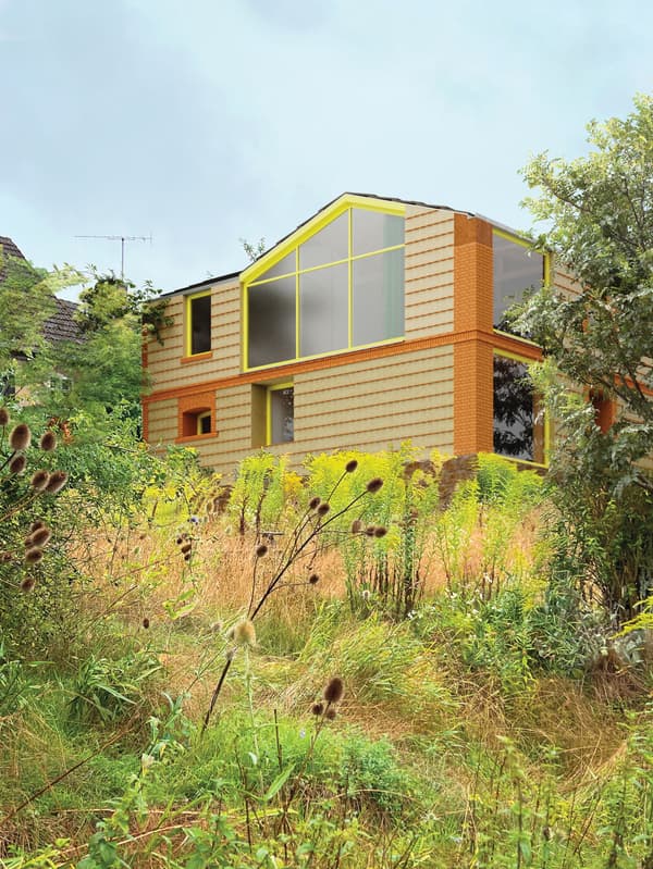 Architectural project - brick wall, green facade, vibrant facade, suburban living, warm facade, yellow accent, urban house, timber, outdoor space, glass, eco design, green, daylight optimization, eco friendly, outdoor, architectural texture, light brown, exterior, low carbon, biophilic design, sustainable home, passive house, natural ventilation, contemporary home, large windows, timber cladding, earthy tones, pitched roof, brick, garden view, residential architecture, gable roof, nature integration, glass windows, textured facade, residential, urban garden, modern house, inviting facade