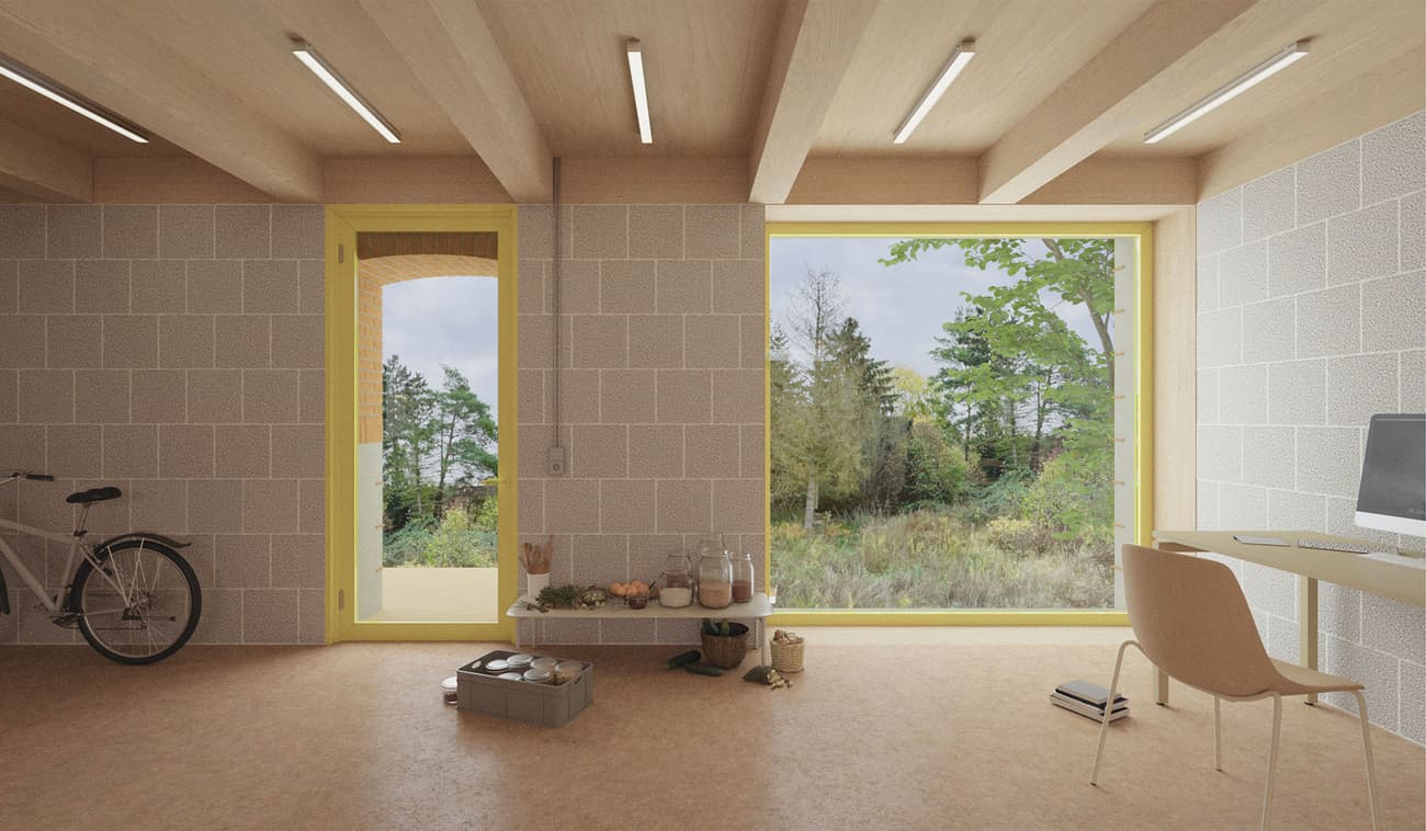 Architectural project - personal office, light filled room, comfortable workspace, natural flooring, creative workspace, studio space, bike storage, natural materials, sustainable materials, wood, timber, raw materials, natural light, passive design, warm tones, eco design, contemporary style, neutral tones, exposed beams, daylight, beige, light wood, eco friendly, wooden beams, honey wood, rustic modern, retreat space, minimalist design, casual seating, modern rustic, biophilic design, indoor outdoor, large window, plaster, timber ceiling, forest view, textured walls, green design, home office, work from home, simple decor, greenery view, peaceful atmosphere, shelving unit, organized space, picture window, calming vibe