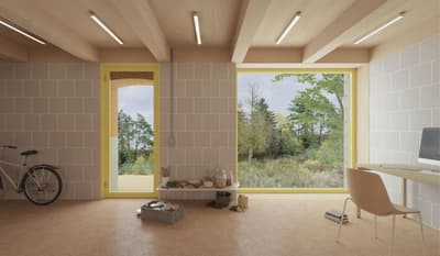 Architectural project - personal office, light filled room, comfortable workspace, natural flooring, creative workspace, studio space, bike storage, natural materials, sustainable materials, wood, timber, raw materials, natural light, passive design, warm tones, eco design, contemporary style, neutral tones, exposed beams, daylight, beige, light wood, eco friendly, wooden beams, honey wood, rustic modern, retreat space, minimalist design, casual seating, modern rustic, biophilic design, indoor outdoor, large window, plaster, timber ceiling, forest view, textured walls, green design, home office, work from home, simple decor, greenery view, peaceful atmosphere, shelving unit, organized space, picture window, calming vibe