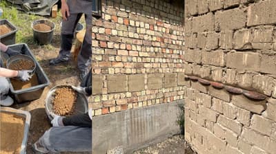 Architectural project - regenerative design, handmade, brick wall, brickwork, materiality, texture, restoration, brick cladding, carbon neutral, bricks, craft, sustainable design, construction process, beige, brown, eco friendly, outdoor, vernacular architecture, traditional building, eco materials, exterior, residential construction, sustainable building, eco construction, natural building, rammed earth, earthy texture, low carbon, thermal mass, earth tones, earth construction, passive house, plaster, clay, natural texture, rustic wall, green design, craftsmanship, residential, natural insulation, renovation, earthy colors, clay bricks