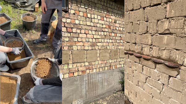 Architectural project - regenerative design, handmade, brick wall, brickwork, materiality, texture, restoration, brick cladding, carbon neutral, bricks, craft, sustainable design, construction process, beige, brown, eco friendly, outdoor, vernacular architecture, traditional building, eco materials, exterior, residential construction, sustainable building, eco construction, natural building, rammed earth, earthy texture, low carbon, thermal mass, earth tones, earth construction, passive house, plaster, clay, natural texture, rustic wall, green design, craftsmanship, residential, natural insulation, renovation, earthy colors, clay bricks