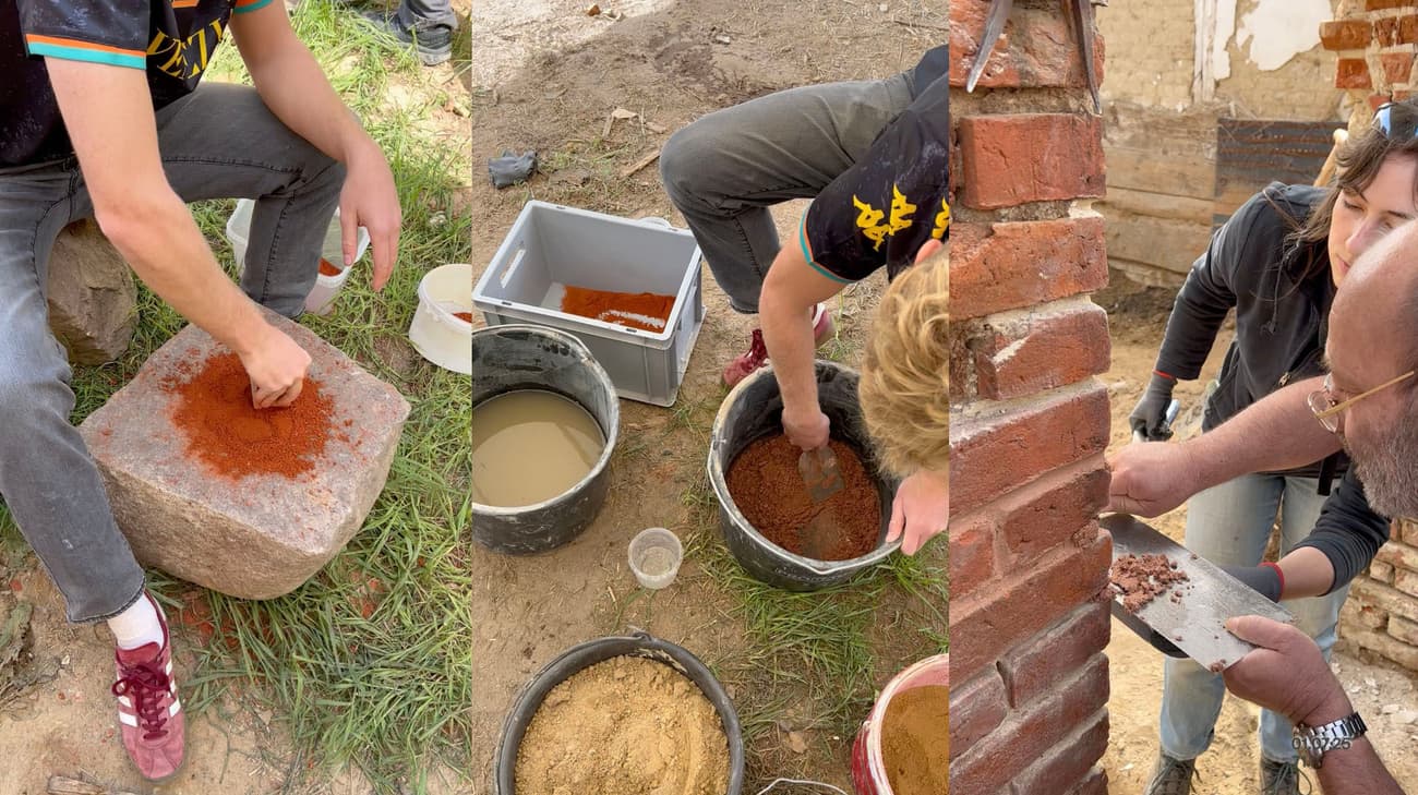 Architectural project - DIY project, brick wall, traditional techniques, restoration project, masonry work, outdoor work, skilled labor, manual labor, vintage style, outdoor project, heritage conservation, historical architecture, building restoration, construction tools, natural materials, construction process, beige, brown, rustic vibe, sand, eco-friendly materials, sustainable building, building materials, earth tones, rustic texture, clay, brick, red brick, craftsmanship, workshop setting, red, clay bricks