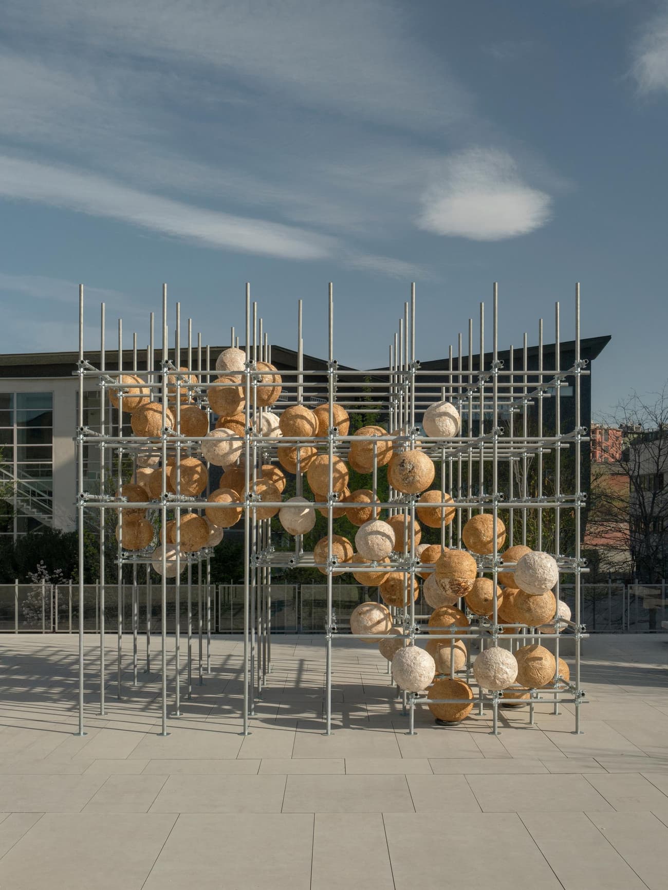 Architectural project - dynamic structure, urban furniture, urban art, public art, modern sculpture, artistic vibe, structural art, plaza, art installation, aesthetic space, artistic structure, artistic expression, modern art, creative structure, urban installation, metal, outdoor space, modular design, industrial aesthetic, innovative design, grey, metal framework, outdoor installation, beige, concrete, public space, urban space, urban design, geometric design, courtyard, architectural element