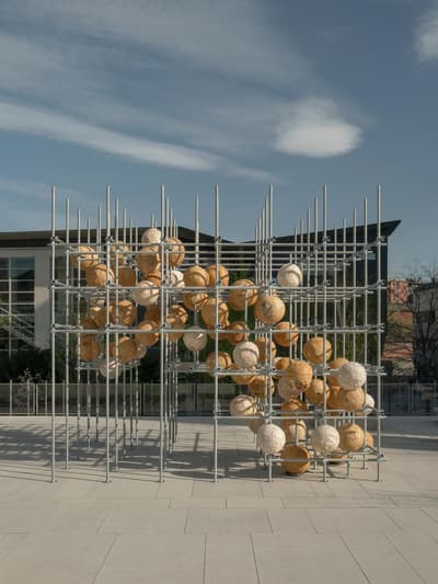 Architectural project - dynamic structure, urban furniture, urban art, public art, modern sculpture, artistic vibe, structural art, plaza, art installation, aesthetic space, artistic structure, artistic expression, modern art, creative structure, urban installation, metal, outdoor space, modular design, industrial aesthetic, innovative design, grey, metal framework, outdoor installation, beige, concrete, public space, urban space, urban design, geometric design, courtyard, architectural element