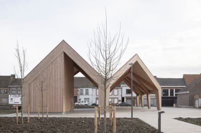 Architectural project - airy structure, angular roof, slanted roof, open span, urban integration, timber pavilion, seamless blend, wooden planks, natural materials, architectural design, urban area, warm tones, community space, outdoor area, contemporary style, sustainable architecture, functional space, light wood, open design, eco friendly, modern design, timber construction, honey wood, Scandinavian style, neutral palette, minimalist design, public space, gathering area, modern pavilion, wood structure, exposed wood, minimal aesthetic, Nordic style, inviting space, pitched roof, natural texture, open pavilion, landscape design, outdoor shelter, wooden facade, simple lines, clean design, light beige