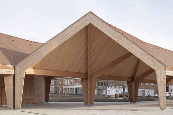 Architectural project - public venue, gathering place, community gathering, urban pavilion, architectural landmark, civic architecture, public pavilion, eco pavilion, natural materials, timber, timber frame, natural light, warm tones, contemporary architecture, timber structure, daylight, beige, brown, roof design, natural wood, modern design, wood beams, rustic modern, wooden pavilion, public space, community center, social hub, outdoor venue, urban design, sustainable structure, geometric design, warm wood, exposed wood, clean lines, timber cladding, inviting space, triangular roof, pavilion design, wooden facade, exterior space, architectural feature