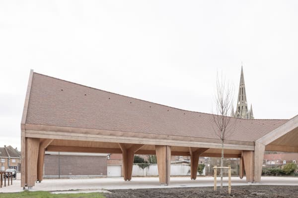 Architectural project - angular roof, welcoming atmosphere, slanted roof, architectural landmark, terracotta roof, public pavilion, natural materials, wood, timber, outdoor space, timber frame, passive design, warm tones, sustainable construction, contemporary architecture, urban landscape, exposed beams, beige, brown, open air design, eco friendly, open structure, wooden beams, natural textures, minimalist design, neutral colors, public space, gathering area, event space, geometric design, modern pavilion, light tones, wood structure, circular design, pitched roof, open pavilion, eco architecture, airy feel, exterior space, clay tiles, tiles, versatile space